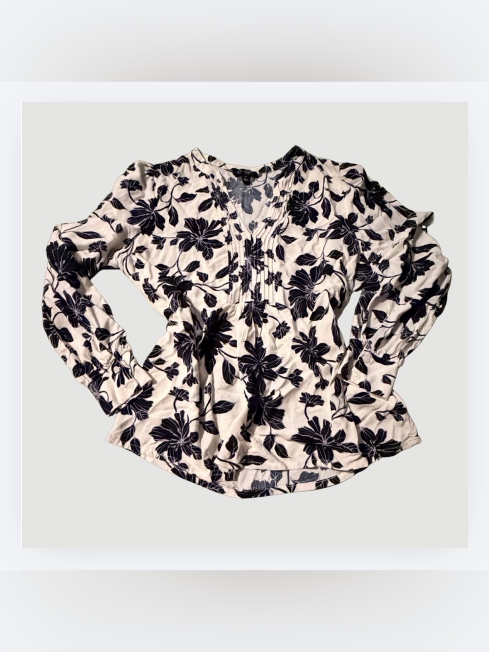 Jessica Simpson Cream Blouse with Black Floral Print, Size Medium